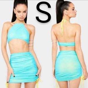 🆕Aqua Blue/Yellow Double Underlined Mesh Ruched Mini Skirt Set~Size S